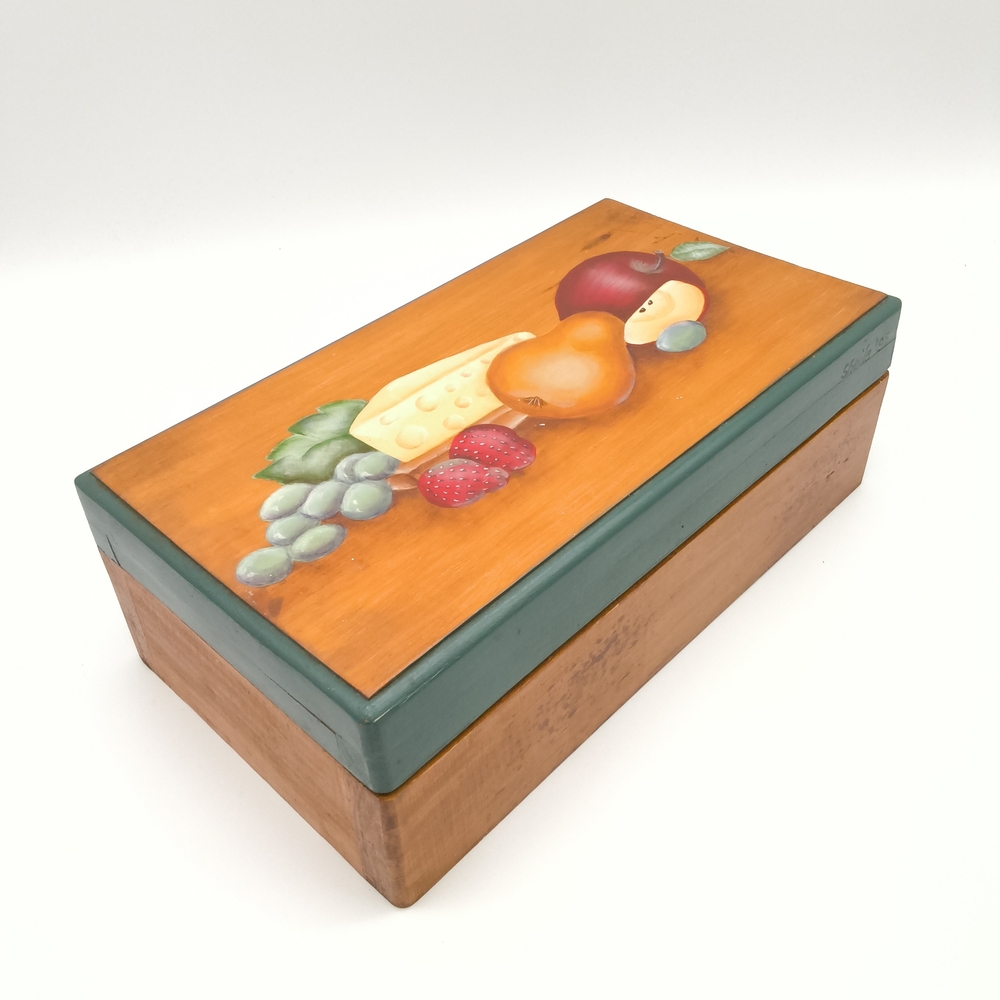 Vintage Hand-Painted Fruit & Cheese Wood Trinket Box - Signed "Sheila '95"